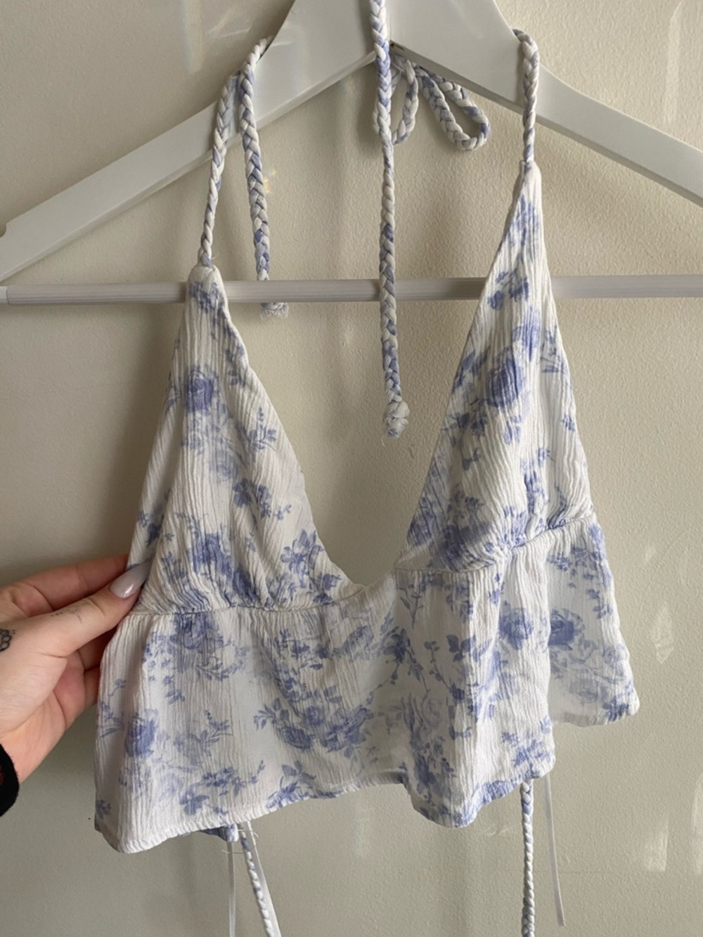 Garage White Halter Crop Top with Light Blue Floral Print
